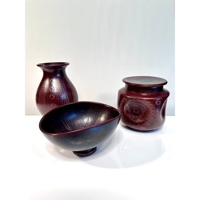This high-quality set of three studio ceramic art vessels was created by the well-known German ceramist Wilhelm Kagel...