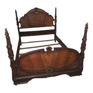 Vintage Burl Walnut Full Size 4 Poster Bed With Rails For Sale