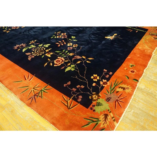 1920s Beautiful Navy Blue and Rust Color Floral Minimalist Pattern Antique Chinese Art Deco Rug For Sale - Image 5 of 13