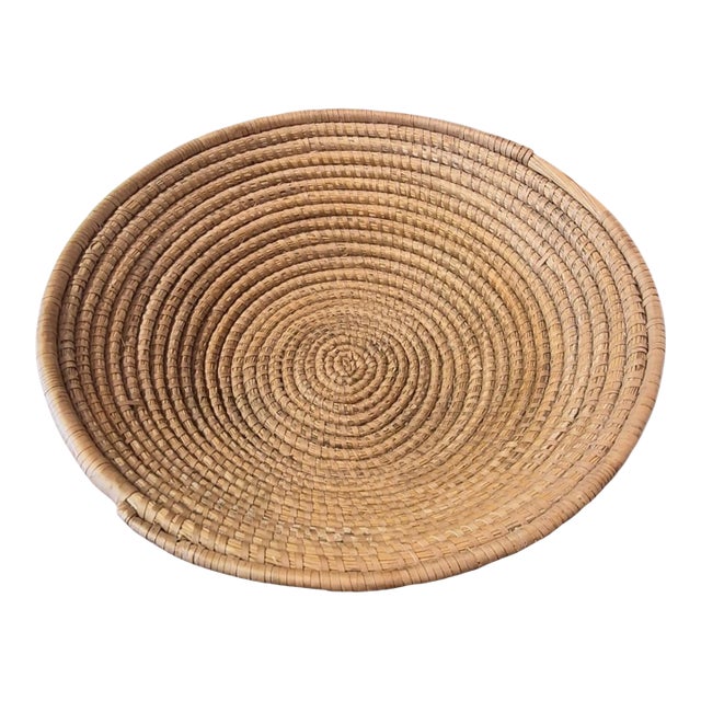 Early 20th Century Handwoven Coiled Rattan Shallow Basket For Sale