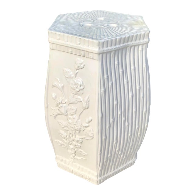 Vintage Chinoiserie Garden Stool With Faux Bamboo and Floral Motif For Sale