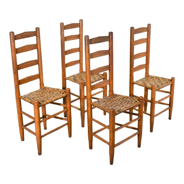 Antique Early American Ladder Back Splint Woven Seat Side Chairs - Set of 4 For Sale
