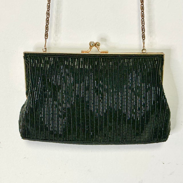 1980s 1980s Vintage Art Deco Hollywood Regency Hand Beaded Black Evening Handbag Clutch. For Sale - Image 5 of 11
