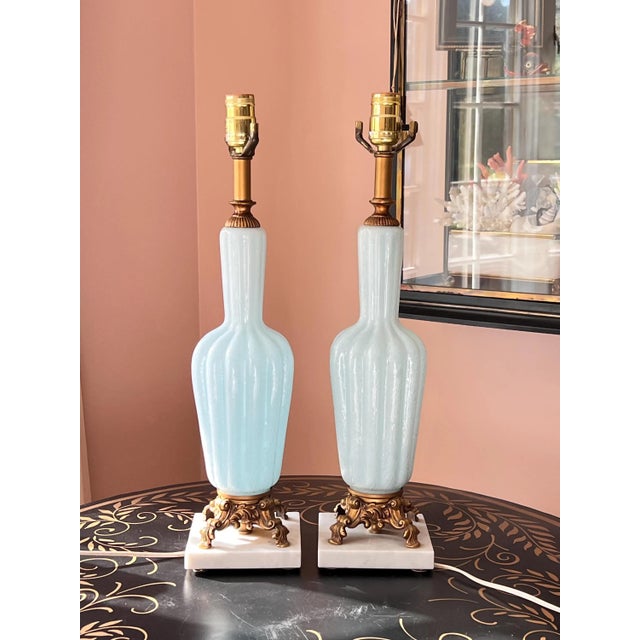 Mid 20th Century Pale blue Murano glass table lamps with gold metal and marble bases - a Pair For Sale In Kansas City - Image 6 of 13