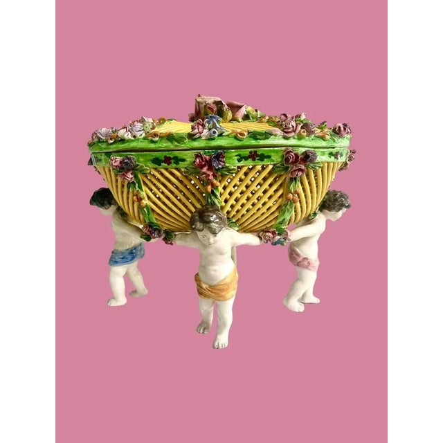 Art Nouveau Antique Italian Lattice Lidded Centerpiece Ceramic Bowl on Putti Cherub For Sale - Image 3 of 12