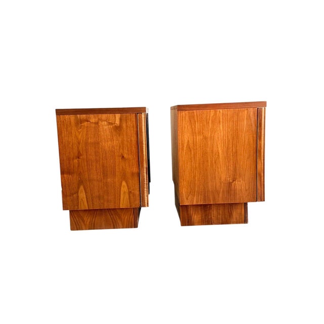 Wood Pair of Mid Century Modern Walnut Nightstands, Canadian Made Two Door Bedside Cabinets For Sale - Image 7 of 16
