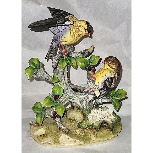 Wonderful bisque porcelain figurine of goldfinches by Andrea of Sadek. Adds vibrant color to any niche. Made in Japan.