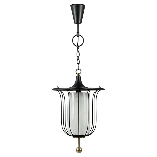 Mid-Century Black Caged Lantern Pendant in Brass and Milk Glass, France, 1950s For Sale - Image 17 of 17