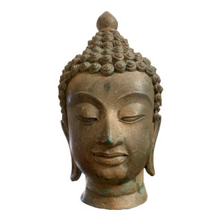 Antique Bronze Buddha Head Bust – 8.5” Tall With Natural Patina For Sale