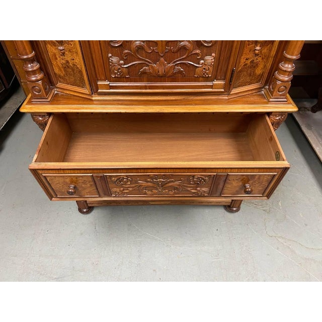 1920s Antique Hand Carved Dresser Cabinet, Berkey & Gay, Jacobean Revival, Walnut and Burl Wood For Sale - Image 5 of 10