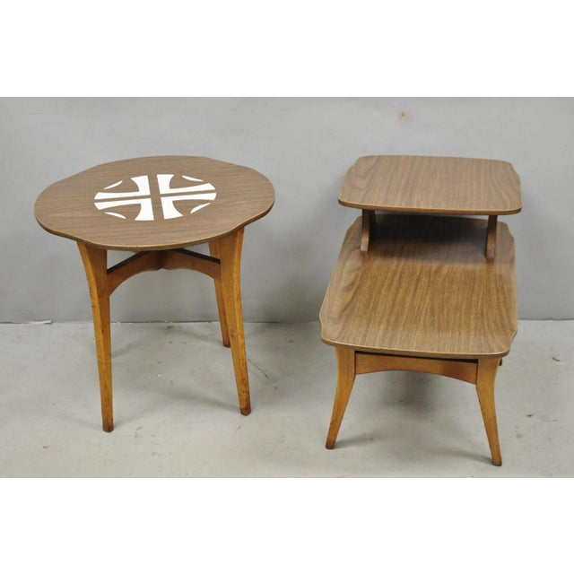 Vintage Mid Century Modern Walnut Base Formica Top Round & Step Side Table Set - 2 Complimenting Pieces. Price is for the...