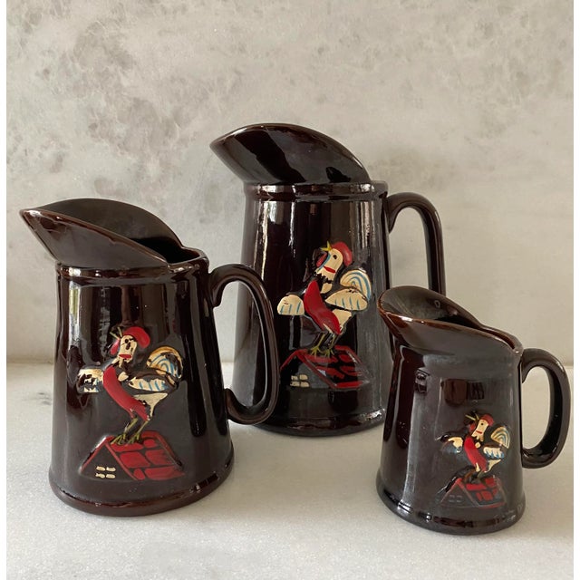 Mid Century Modern Redware Pottery Brown Rooster Pitchers - Set of 3 For Sale - Image 11 of 11