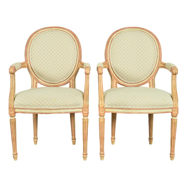 Baker Furniture French Regency Louis XVI Cream and Pink Lacquered Armchairs, Pair For Sale