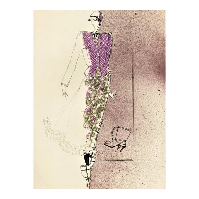 1980s French Fashion Drawing, Watercolor, Pen & Ink For Sale