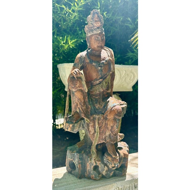 Wood Carved and Painted Wooden Seated Figure of Guanyin — Qing Dynasty, 19th Century For Sale - Image 7 of 12
