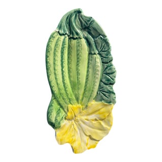 Late 20th Century Italian Majolica Hand-Painted Ceramic Zucchini Flower Serving Dish For Sale