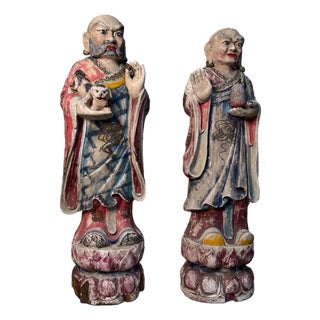Large Polychrome Wooden Temple Figures on Lotus Bases, Korea, 19th Century, Set of 2 For Sale