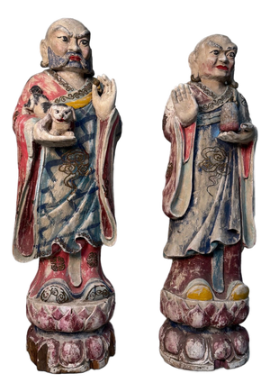 Large Polychrome Wooden Temple Figures on Lotus Bases, Korea, 19th Century, Set of 2