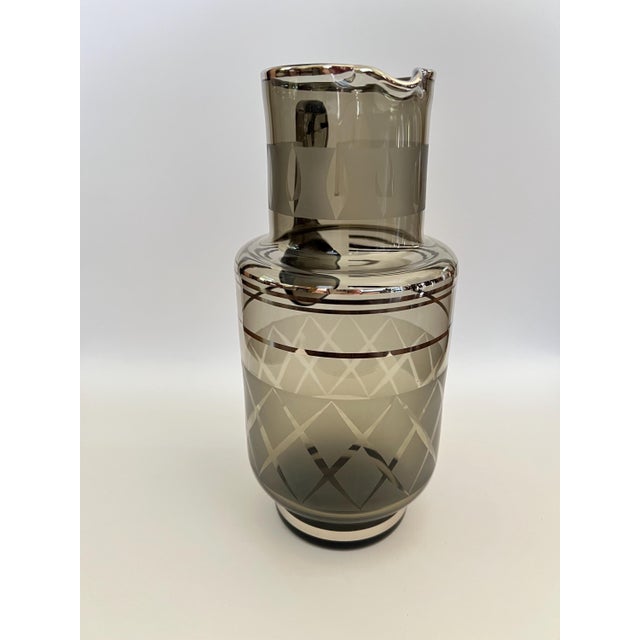 Mid Century Bar Pitcher, Smoky Glass with Etching and Silver For Sale - Image 6 of 7