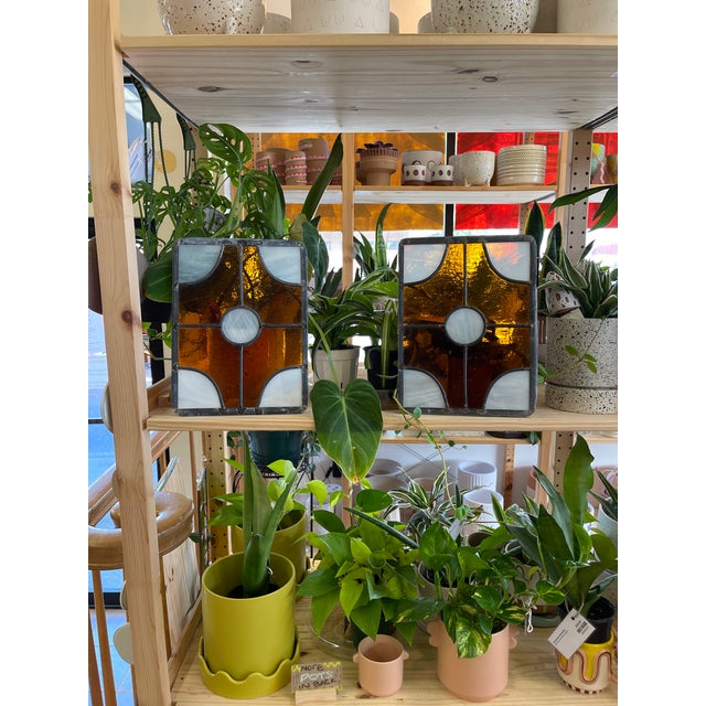 Mid-Century Modern Pair of Vintage Amber and White Stained Glass Window Panels For Sale - Image 3 of 10