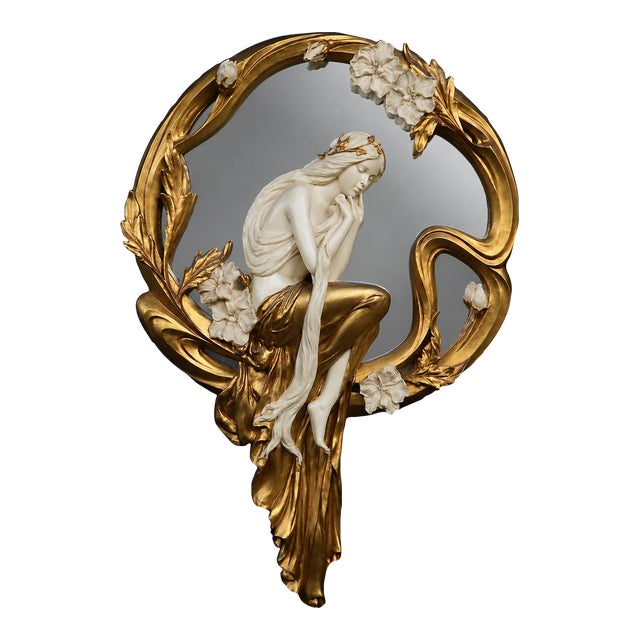Art Nouveau Style Figural Gilt Wall Mirror With Maiden and Floral Motif For Sale