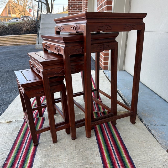 Chinoiserie A Very Nice Set of 4 Vintage Chinoiserie Mahogany Nesting Tables, Circa 1960's For Sale - Image 3 of 12