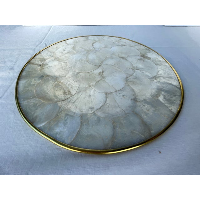 Mid 20th Century Natural Capiz Shell and Cork Round Placemat Chargers With Brass Rims - Set of 6 For Sale - Image 4 of 12