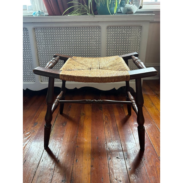 Farmhouse Early 20th Century Curved Woven Rush Seat Primitive Wood Bench For Sale - Image 3 of 8