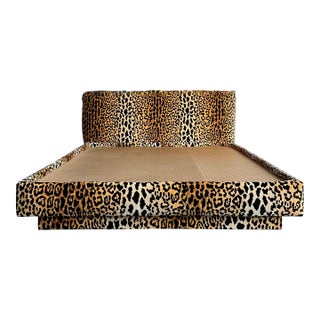 Vintage Boho Leopard Velvet Queen Platform Bed For Sale