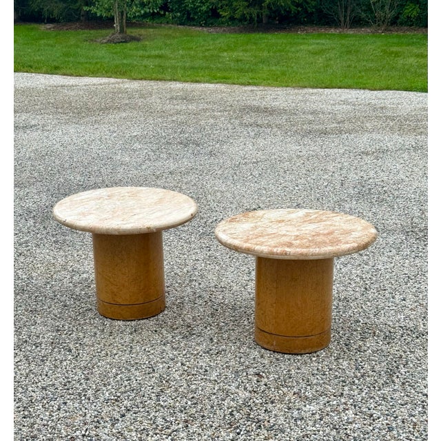 Wood Pair of 1980s Vintage Italian Marble & Burl Side Tables Made for Gucci Chicago Flagship Store For Sale - Image 7 of 9