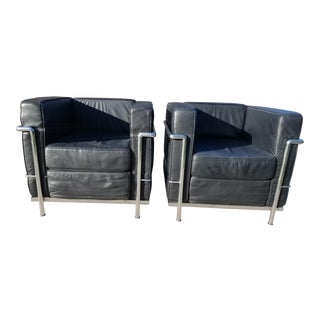 Vintage LeCobuseur Lc2 Style Leather & Chrome Modern Lounge Club Chairs - a Pair For Sale