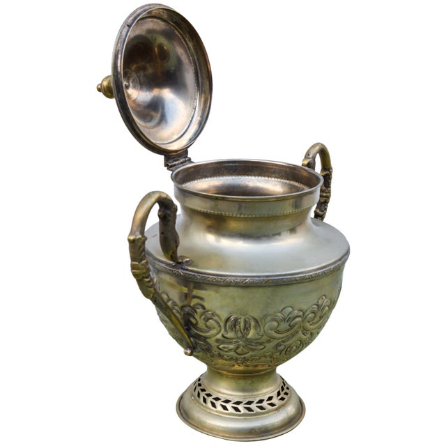 Metal Hand-Engraved Moroccan Brass Urn For Sale - Image 7 of 9
