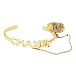 Chanel Vintage Gold CC Crystal Ring Chained Letter Cuff Bracelet For Sale
