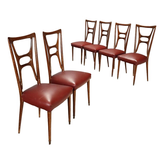 Mid-Century Chairs with Bordeaux Seats, 1950s, Set 6 For Sale
