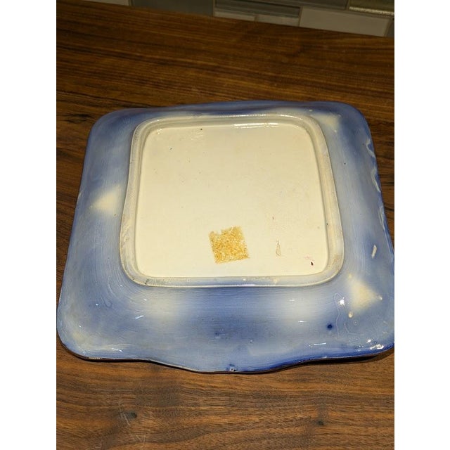Ceramic 1880s Antique Victorian Staffordshire Flow Blue & Copper Luster Shell/Seaweed Square Plate For Sale - Image 7 of 7
