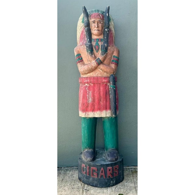 Rustic Vintage Monumental Carved Wood Native American Cigar Sculpture For Sale - Image 3 of 12