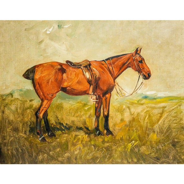 A wonderfully evocative antique equestrian oil painting, signed and dated 1900, this charming work captures the quiet...