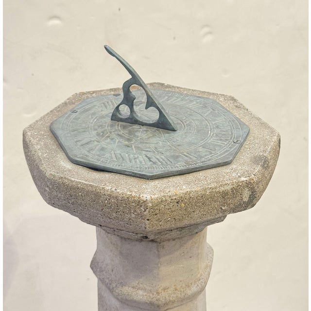 Mid 20th Century Large English Sundial of Composition Stone With Bronze Dial for the Garden For Sale - Image 5 of 13