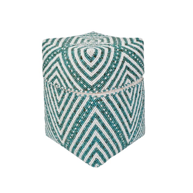 Vintage Turquoise & White Beaded Bamboo Box Medium For Sale