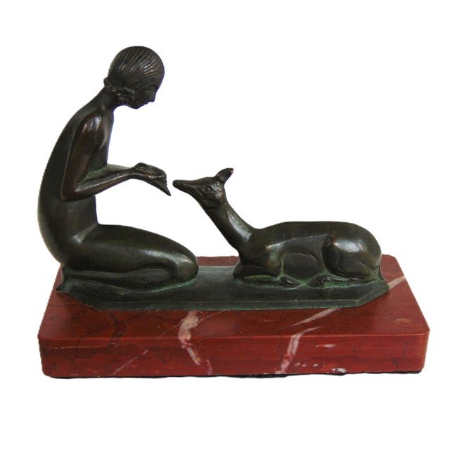 Art Deco Antique Art Deco Bronze Sculpture "Woman Feeding Deer" on Red Marble Base 6.5"l X 5.5"h For Sale - Image 3 of 10