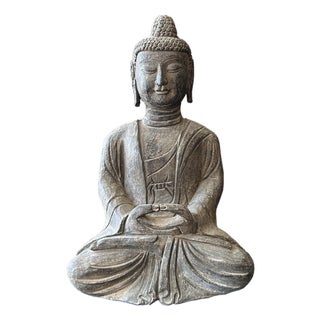 18.5" Gray Brown Distressed Marks Stone Sitting Buddha Statue For Sale