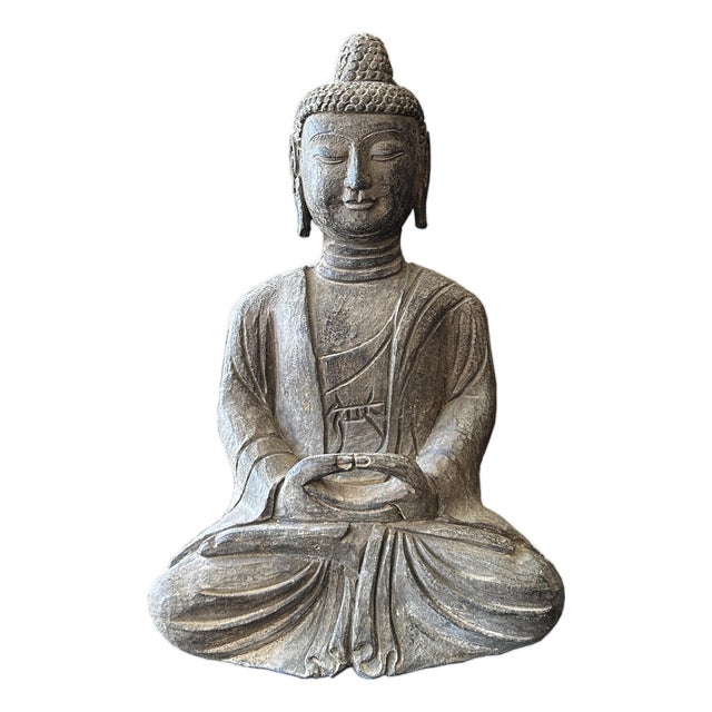 18.5" Gray Brown Distressed Marks Stone Sitting Buddha Statue For Sale