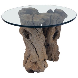 Root Wood Table With Glass Top For Sale