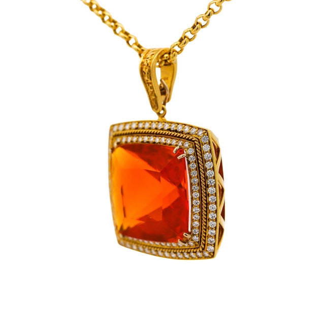 Gia Certified 20.61 Carat Orange Opal 18k Gold Diamond Pendant Necklace For Sale In Miami - Image 6 of 12