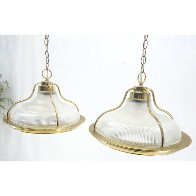 Pair of Round Brass Ribbed Glass Long Chain Light Fixture Pendants MCM MINT!