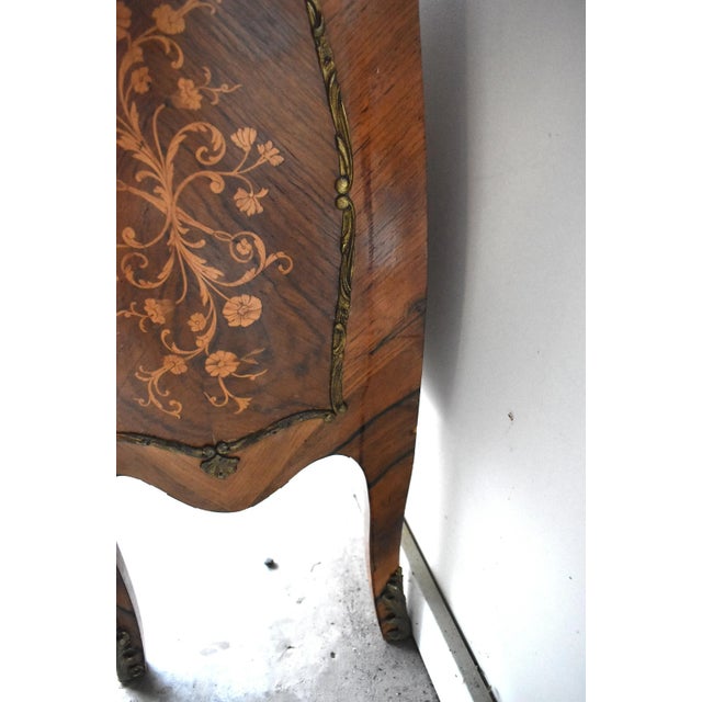 Wood Antique Louis XV-Style Bombe Marquetry, Ormolu, & Marble Top Bombe Chest of Drawers For Sale - Image 7 of 12