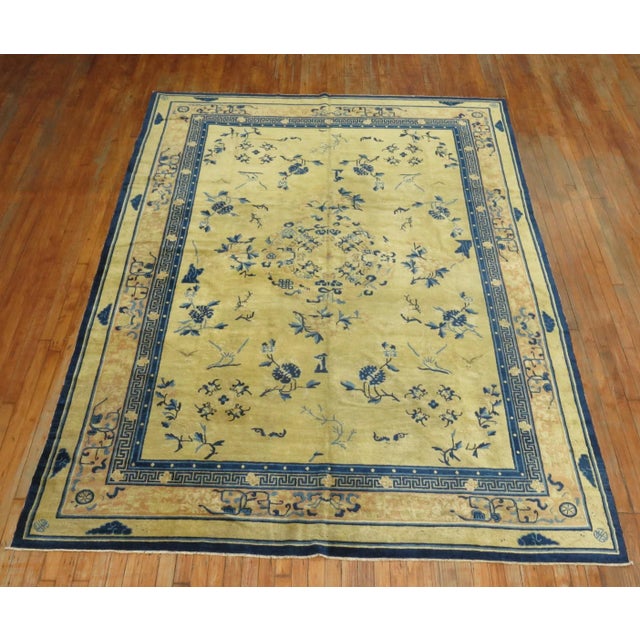 Early 20th Century room size Chinese rug in blues and creams . Professionally Cleaned and able to endure heavy traffic if...