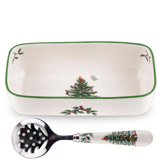English Spode Christmas Tree Cranberry Server with Slotted Spoon For Sale - Image 3 of 3