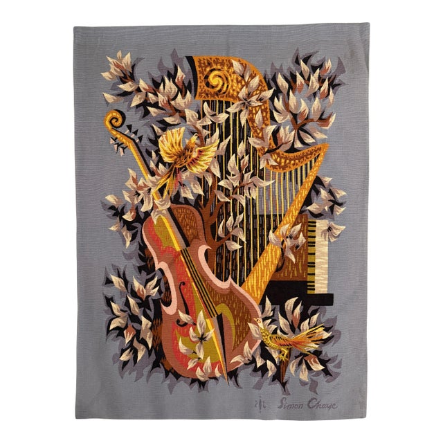 20th C. Mid-Century Modern Tapestry "Concert Champêtre" Signed by Simon Chaye 3'9" X 5'3" For Sale