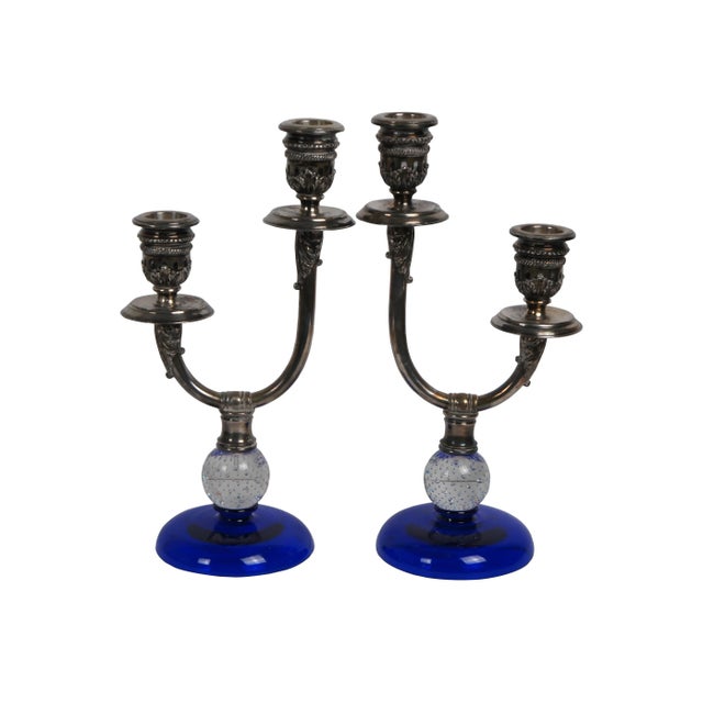 Vintage Pairpoint 3 piece console set including centerpiece / pedestal compote and two arm candlesticks, featuring cobalt...